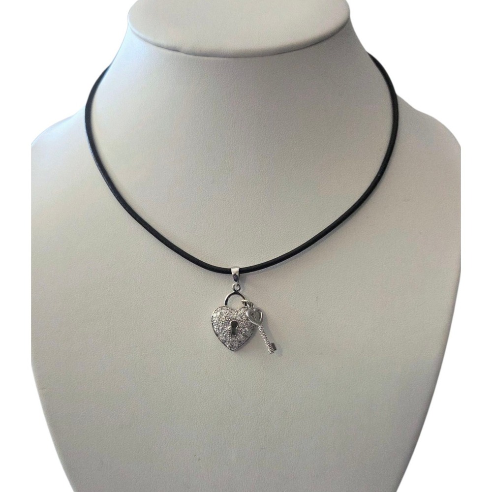 925 Sterling Silver Cz Heart/Key‎ Pendant 16" Rope Cord Choker Necklace Italy